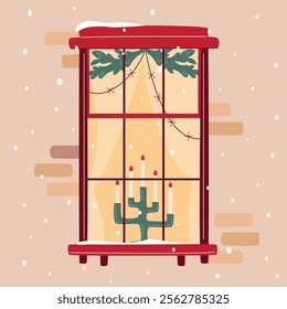 Christmas window with candlestick with lit candles decorated with lights and fir branches. Snowfall, warm Christmas or New Year atmosphere. Cozy winter evening. Vector illustration