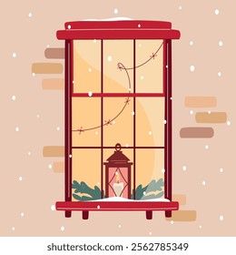 Christmas window with candlestick with lit candles decorated with lights and fir branches. Snowfall, warm Christmas or New Year atmosphere. Cozy winter evening. Vector illustration