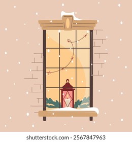 Christmas window with candlestick and lit candles decorated with lights and fir branches. Snowfall, warm Christmas or New Year atmosphere. Cozy winter evening. Vector illustration