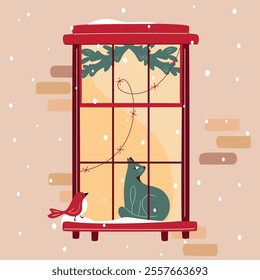 Christmas window: cat sitting at windowsill and looking at bird outside; window decorated with lights and fir branches. Snowfall, warm Christmas atmosphere. Cozy winter. Vector illustration