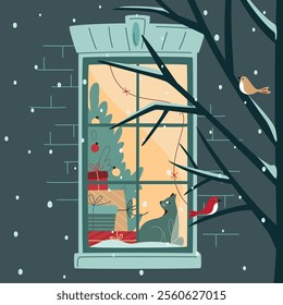 Christmas window: cat sitting at windowsill near pile of gift boxes and looking at bird outside; window decorated with lights; Christmas tree inside. Snowfall, warm Christmas atmosphere. Cozy winter