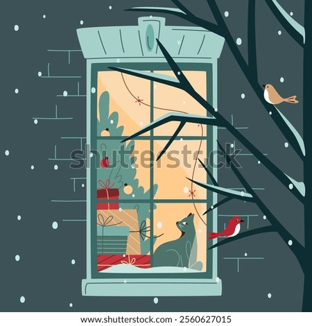 Christmas window: cat sitting at windowsill near pile of gift boxes and looking at bird outside; window decorated with lights; Christmas tree inside. Snowfall, warm Christmas atmosphere. Cozy winter