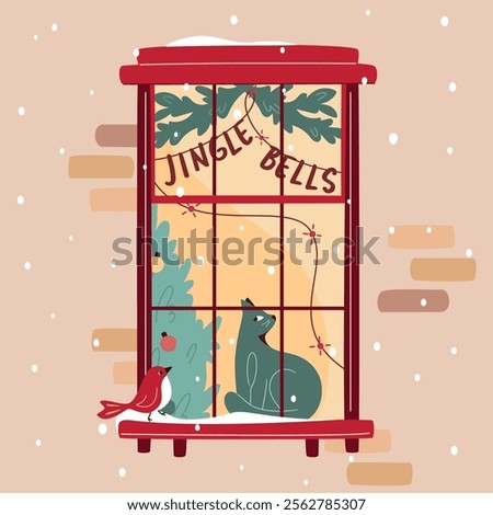 Christmas window: cat sitting at windowsill and looking at bird outside; window decorated with lights and garland Jingle Bells; Christmas tree inside. Snowfall, warm Christmas atmosphere. Cozy winter