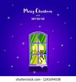 Christmas window with cat and Christmas tree in the night. Christmas greting card design. Flat style illustration.