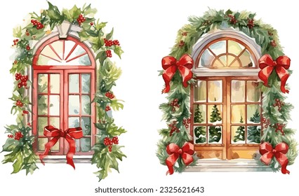 Christmas window clipart, isolated vector illustration.