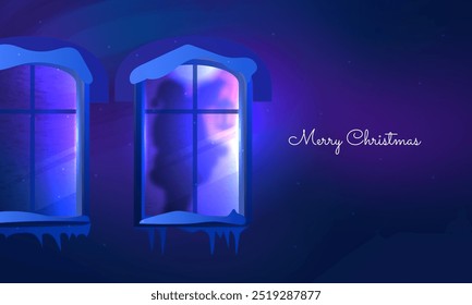 Christmas window in cozy house. Night room with silhouette of Santa Claus in futuristic glow style. Magical holiday atmosphere concept for greetings, festive cards