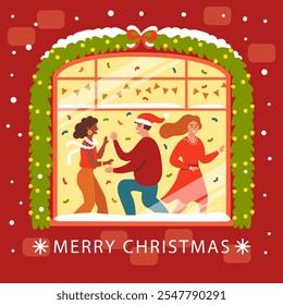 Christmas window with dancing people. Vector illustration in Trendy Retro Style for Cards, Posters, Covers and Seasonal Decor