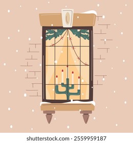 Christmas window decorated with lights and fir branches, with candlestick and lit candles. Snowfall, warm Christmas or New Year atmosphere. Cozy winter evening. Vector illustration