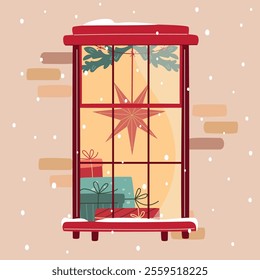 Christmas window  decorated with lights, xmas star and fir branches, with pile of gift boxes on windowsill. Snowfall, warm Christmas or New Year atmosphere. Cozy winter evening. Vector illustration