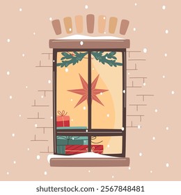 Christmas window  decorated with xmas star, lights and fir branches, with pile of gift boxes on windowsill. Snowfall, warm Christmas or New Year atmosphere. Cozy winter evening. Vector illustration