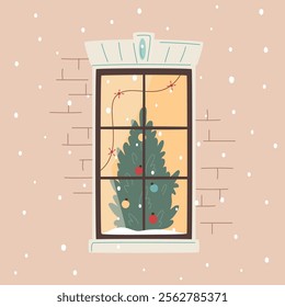 Christmas window with decorated x-mas tree and lights. Snowfall, warm Christmas or New Year atmosphere. Cozy winter evening. Vector illustration
