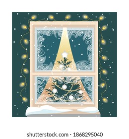 Por la noche, la ventana de Navidad está decorada con un jardín iluminado. ¡Feliz Navidad y Feliz Año Nuevo! Plantilla de ilustración vectorial para tarjeta de saludo o invitación.