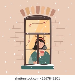 Christmas window: girl with cup of tea sits by a window decorated with lights, gazing outside. Snowfall, warm Christmas or New Year atmosphere. Cozy winter evening. Vector illustration