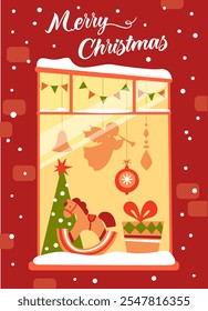 Christmas window. Holidays Card Template. Vector illustration in Trendy 
retro Style