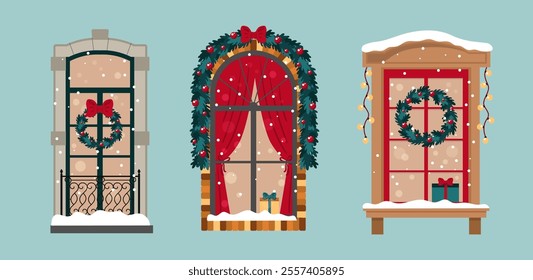 Christmas window illustration set. Decorated windows of houses with garlands, Christmas wreaths, toys, gifts. Isolated vector clipart on blue background.