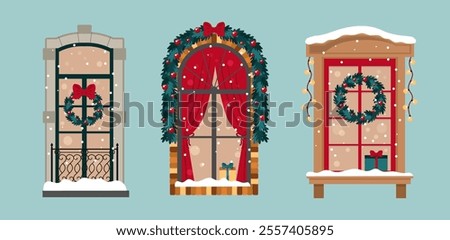 Christmas window illustration set. Decorated windows of houses with garlands, Christmas wreaths, toys, gifts. Isolated vector clipart on blue background.