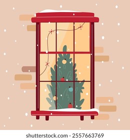 Christmas window with lights and decorated x-mas tree. Snowfall, warm Christmas or New Year atmosphere. Cozy winter evening. Vector illustration