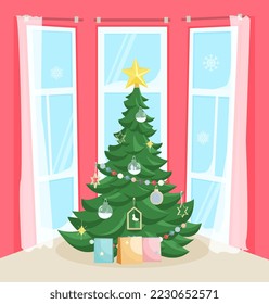 Christmas window of the living room with a decorated Christmas tree, Holiday room interior.