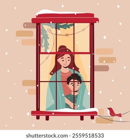 Christmas window: mother and son standing by window decorated with lights and fir branches and looking at bird outside. Snowfall, warm Christmas atmosphere. Cozy winter. Vector illustration