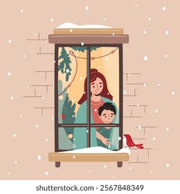 Christmas window: mother and son standing by window decorated with fir branches and lights and looking at bird outside. Snowfall, warm Christmas atmosphere. Cozy winter. Vector illustration