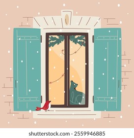 Christmas window with open shutters decorated with lights and fir branches; cat sitting at windowsill and looking at bird outside. Snowfall, warm Christmas atmosphere. Cozy winter. Vector illustration