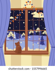 Christmas window overlooking the night winter landscape with cat on the windowsill. Vector illustration.