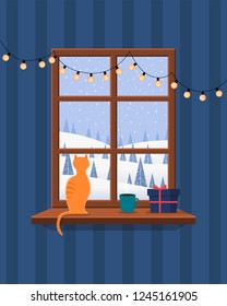 Christmas window overlooking the winter landscape. On the window there is a cat, a mug with a hot drink, a gift and a garland. Vector illustration. 