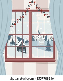 Christmas window overlooking the winter landscape. Vector illustration.