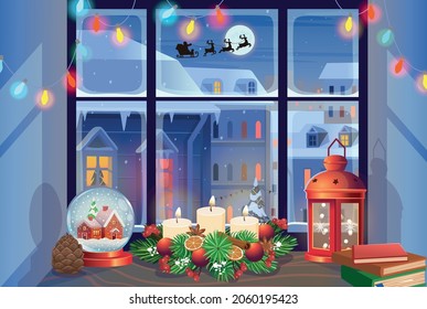 Ventana navideña con bola de vidrio de nieve, corona navideña, linterna roja y paisaje invernal. Fachadas de casas en invierno por la noche. Plantilla de tarjeta de felicitación de navidad. Ilustración vectorial.