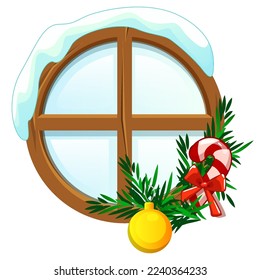 Christmas window with snow, lollipop and Christmas tree on white background