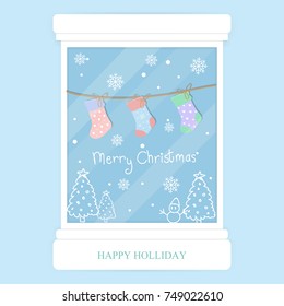 Christmas window with socks and drawing on the glass vector