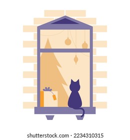 Ventana de Navidad con silueta de árbol, caja de regalo y gato en el umbral de la ventana. Vacaciones de invierno vistas de apartamentos urbanos desde la calle. Elemento de tarjeta de felicitación de Año Nuevo Feliz. Ilustración vectorial plana geométrica
