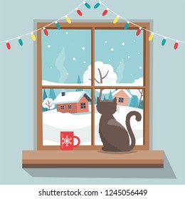 Christmas window with winter landscape, cat sitting on the window sill.  Merry christmas greeting card template. Vector illustration in flat style