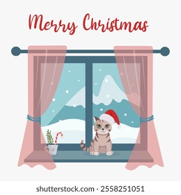 Christmas window with a winter landscape, a cat sits on the windowsill. View from the house to nature in the winter season. Merry Christmas greeting card template. Vector illustration in a flat style.