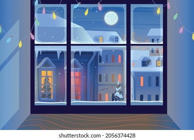 Christmas window with winter landscape. Facades of houses in winter at night. Merry christmas greeting card template. Vector illustration.