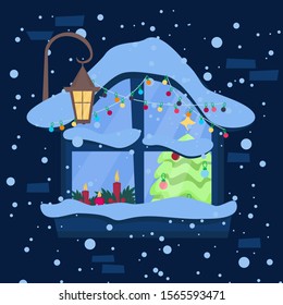 Christmas window with winter landscape.Lights, candles, garlands on windowsill. Flat cartoon style.Vector illustration.