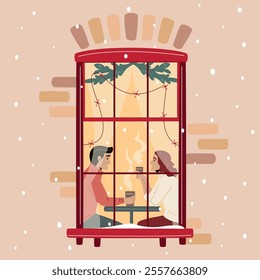 Christmas window: young couple drinking tea and talking with each other, sitting by a window decorated with lights and fir branches. Snowfall, Christmas atmosphere. Cozy winter. Vector illustration