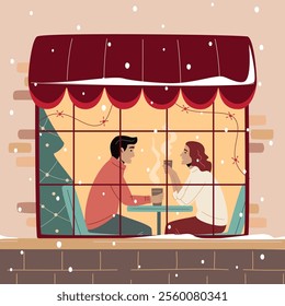 Christmas window: young couple drinking coffee and talking with each other, sitting in cafe near window decorated with lights. Snowfall, warm Christmas atmosphere. Cozy winter. Vector illustration