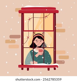 Christmas window: young woman with cup of tea sits by a window decorated with lights, gazing outside. Snowfall, warm Christmas or New Year atmosphere. Cozy winter evening. Vector illustration