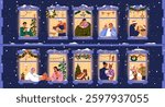 Christmas windows, happy people inside cozy festive home apartments, neighborhood. Winter holiday celebration in house decorated with light, tree. Neighbors celebrating Xmas. Flat vector illustration