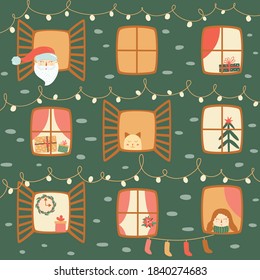 Christmas windows vector Cute winter windows in house decorated for Christmas or New Year. Winter city