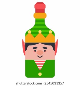 Navidades cubierta de botella de vino con ilustración de dibujos animados de Vector de elfo aislado en un fondo blanco.