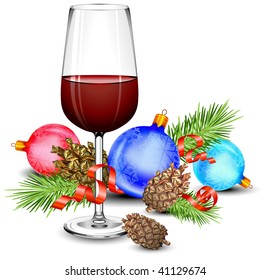 Christmas wine glass, cones, green branch, ball and ribbon, isolated on white