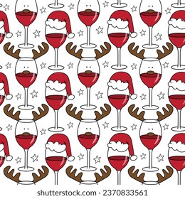 Christmas wineglass seamless pattern. Wine glass in reindeer antler, and santa hat. Good for textile print, wrapping and wall paper design.