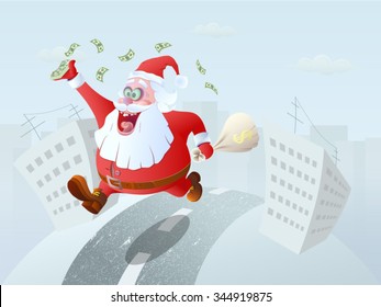 Christmas Winner Santa Claus Running With Money Bag