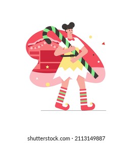 Christmas and winter activity modern flat concept. Cute young girl in costume of Xmas elf is holding candy cane. Party holiday celebration. Vector illustration with people scene for web banner design