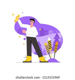 Christmas and winter activity modern flat concept. Happy man holding clapperboard and getting ready to launch fireworks. Holiday celebrate. Vector illustration with people scene for web banner design