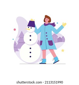 Nochebuena y actividades de invierno concepto moderno de apartamento. Mujer haciendo snowman en calle nevada. Divertido entretenimiento estacional en invierno. Ilustración vectorial con escena de personas para diseño de banners web