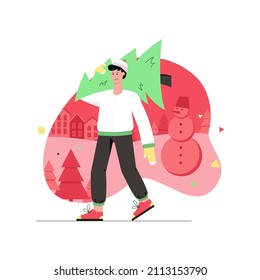 Christmas and winter activity modern flat concept. Happy man carries festive tree from Xmas city market. Traditional holiday preparations. Vector illustration with people scene for web banner design