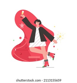 Christmas and winter activity modern flat concept. Happy woman with sparkler drinking champagne and having fun. Party holiday celebration. Vector illustration with people scene for web banner design